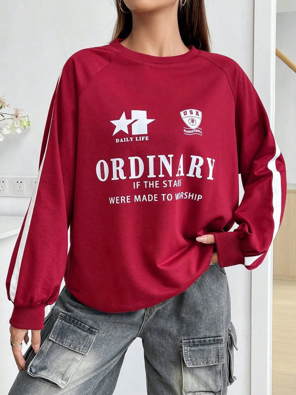 Letter Graphic Round Neck Long Sleeve Sweatshirt - Lilixa.store
