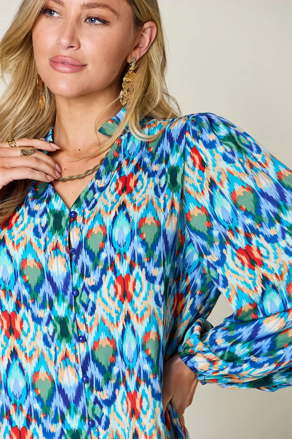 Double Take Full Size Printed Balloon Sleeve Blouse - Lilixa.store