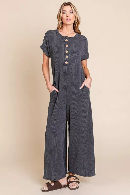 BOMBOM Rib Knit Jumpsuit with Button Detail - Lilixa.store