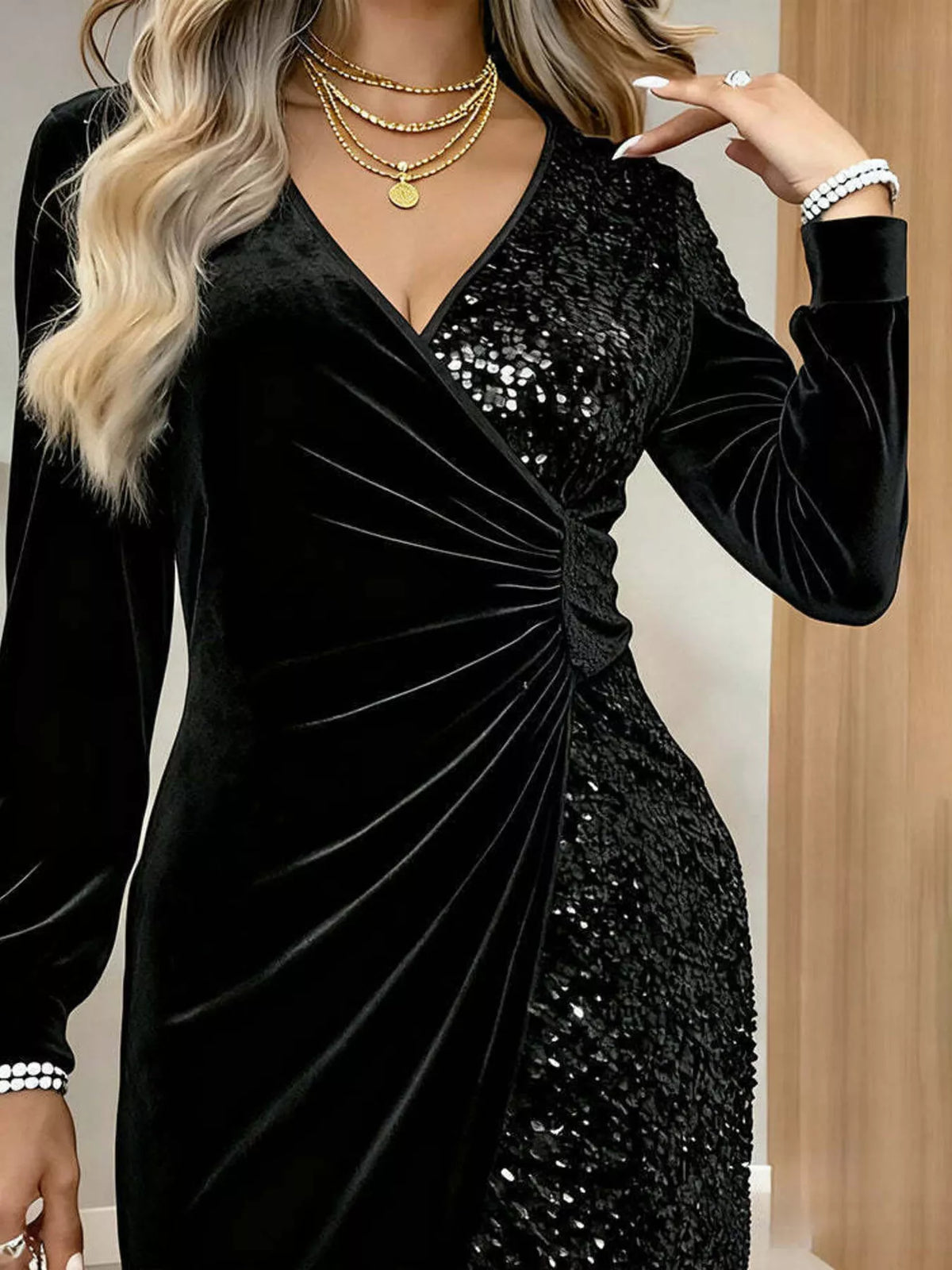Velvet Sequin Long Sleeve Wrap Dress, view 2
