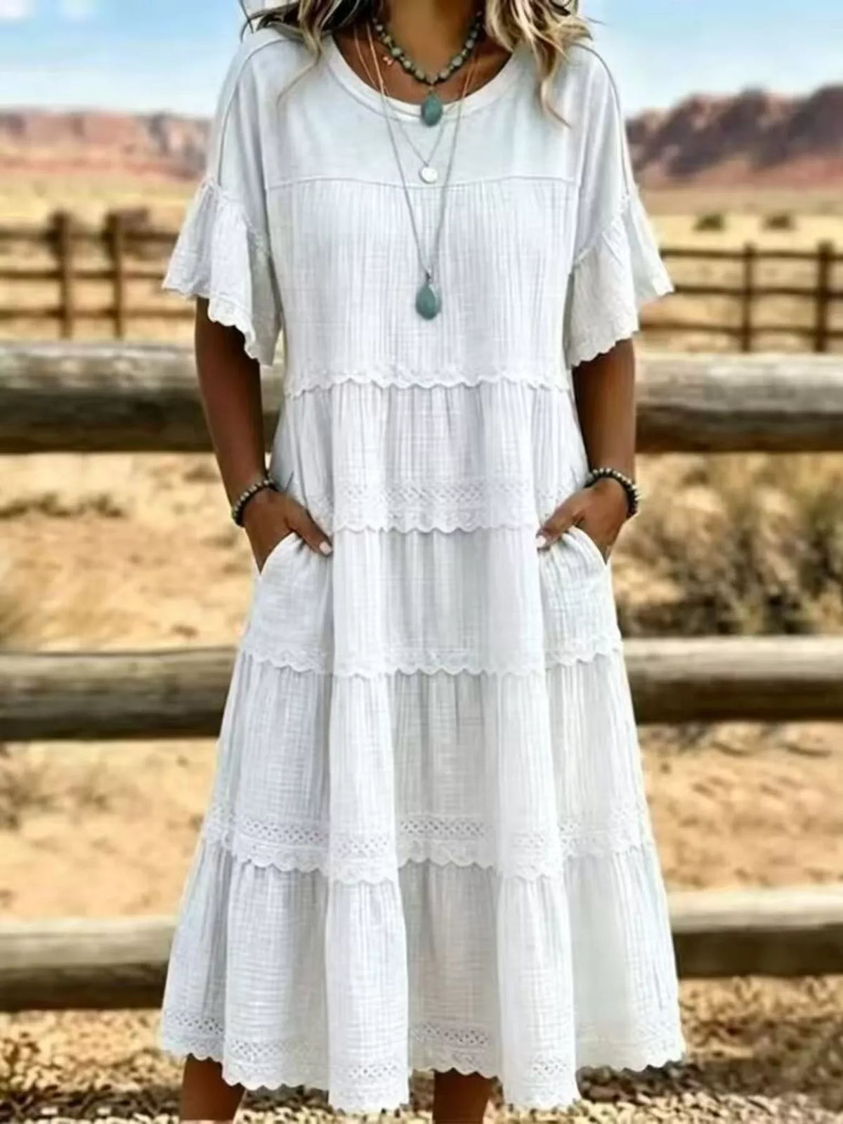 Full Size Tiered Ruffle Sleeve Midi Dress with Pockets Plus Size - Lilixa.store