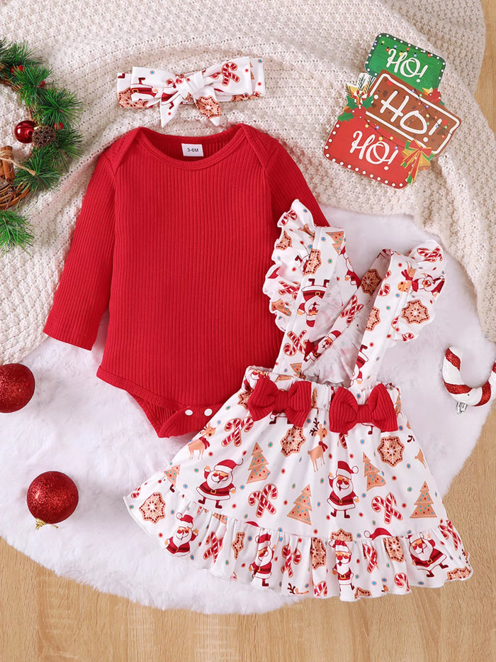 Children's Christmas Ribbed Bodysuit and Santa Print Suspender Skirt Set with Headband in Red