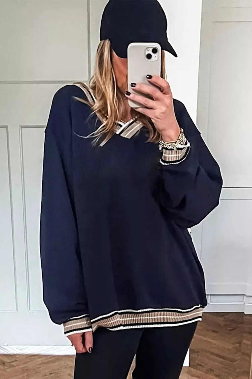 Contrast Striped Trim V Neck Sweatshirt - Lilixa.store