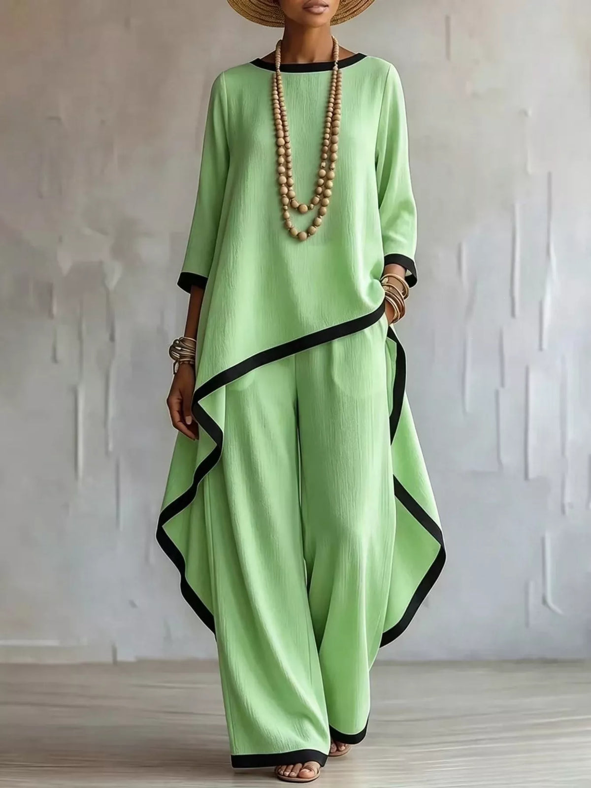 Full Size Contrast Trim High-Low Top and Pants Set Plus Size in Light Green