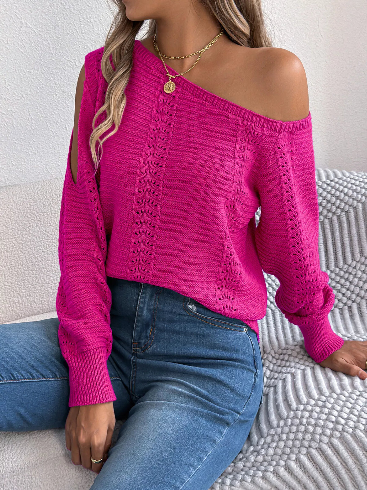 Cold-Shoulder Ribbed Knit Openwork Sweater, view 5