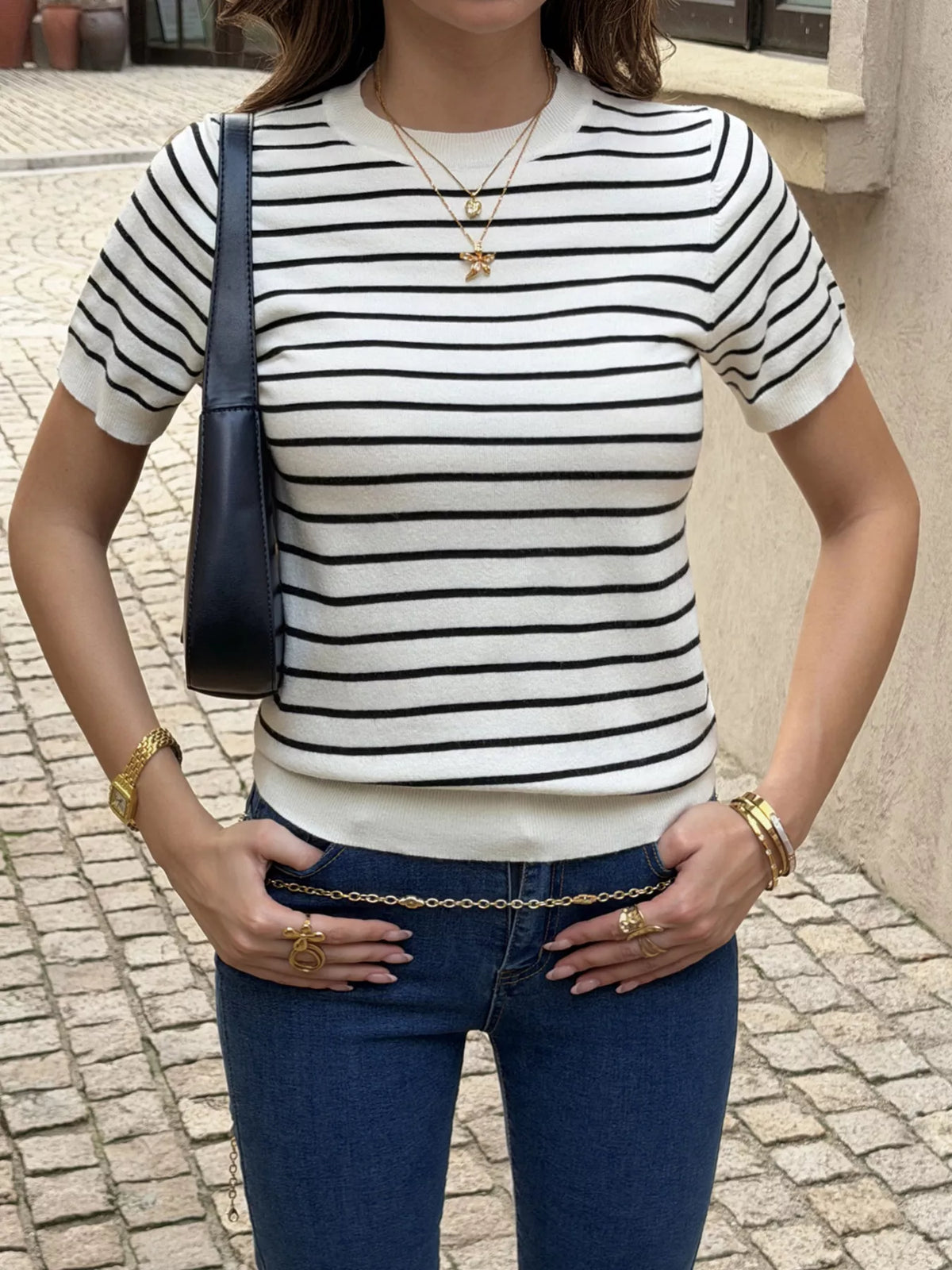 Striped Short-Sleeve Knit Top - Lilixa.store