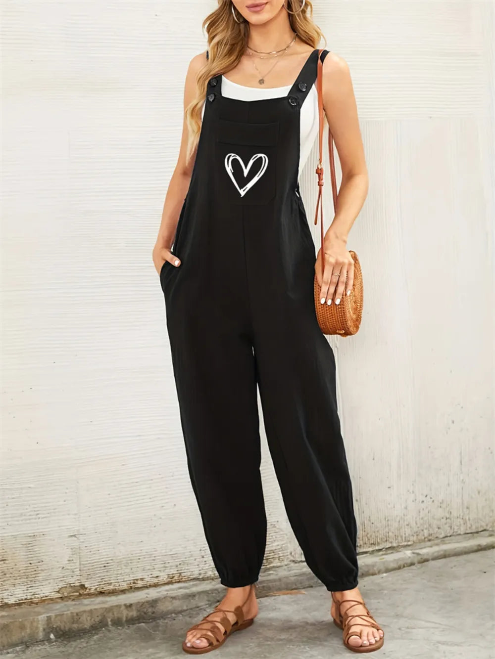 Heart Square Neck Wide Strap Overalls - Lilixa.store