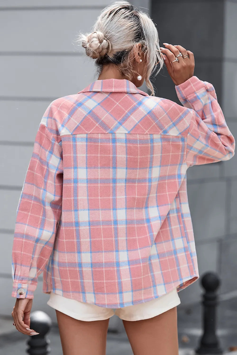Plaid Pocketed Collared Neck Button Up Jacket in Blush Pink, view 7