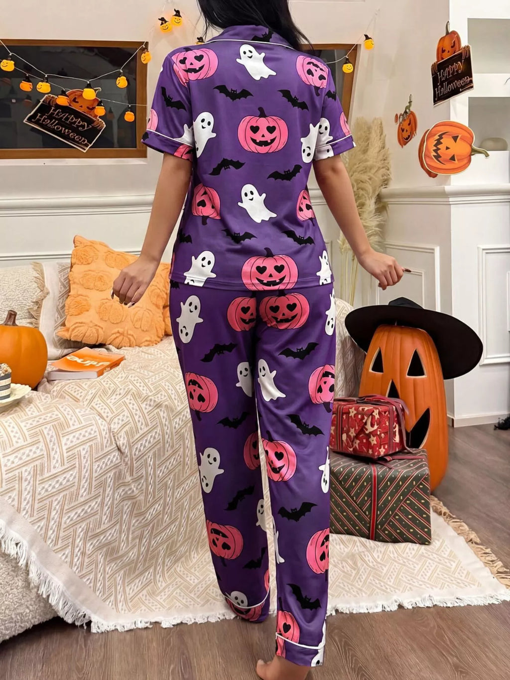 Halloween Pumpkin Print Button-Down Top and Pants Set - Lilixa.store