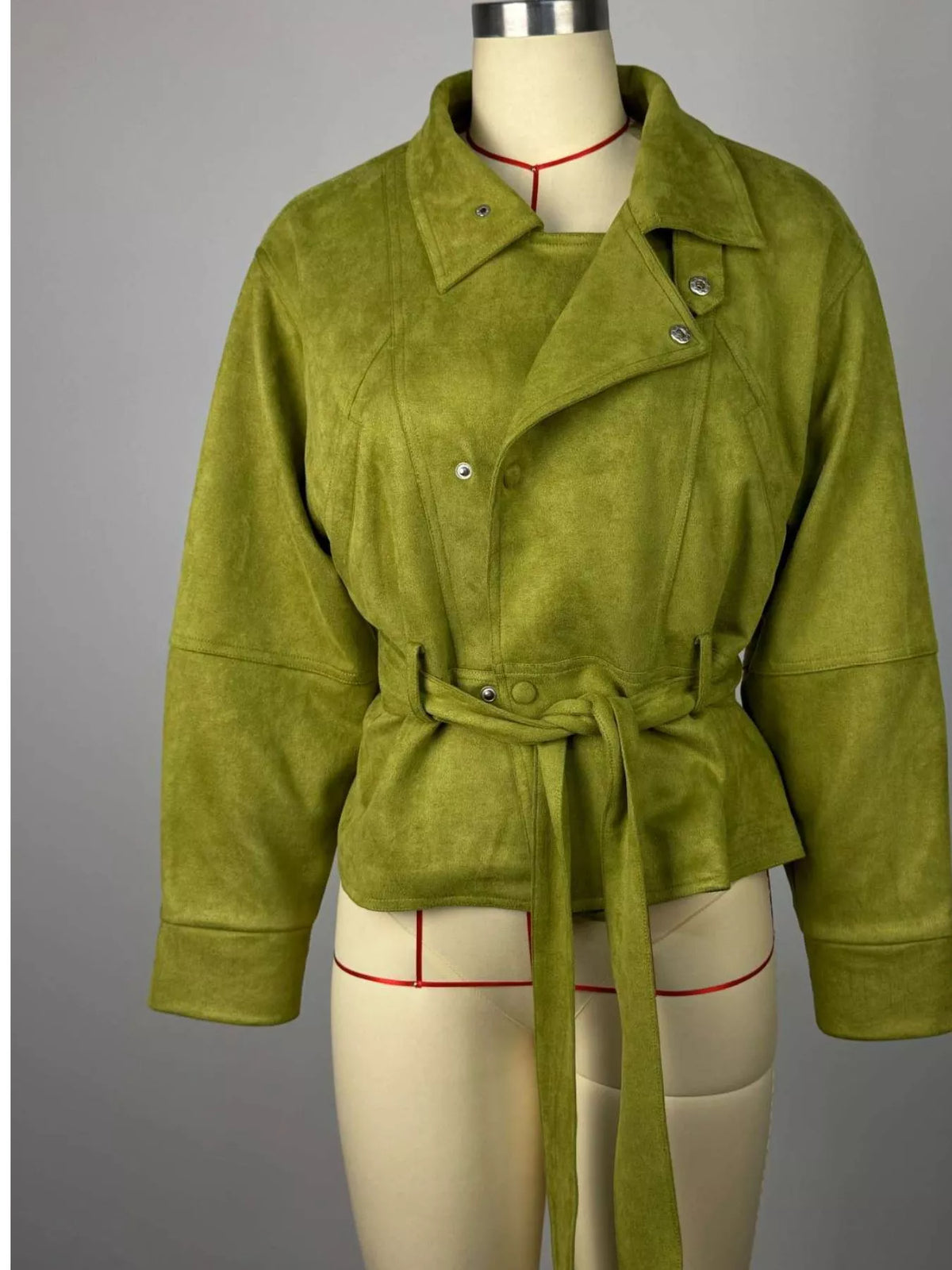 Tie Waist Long Sleeve Cropped Jacket in Matcha Green, view 6