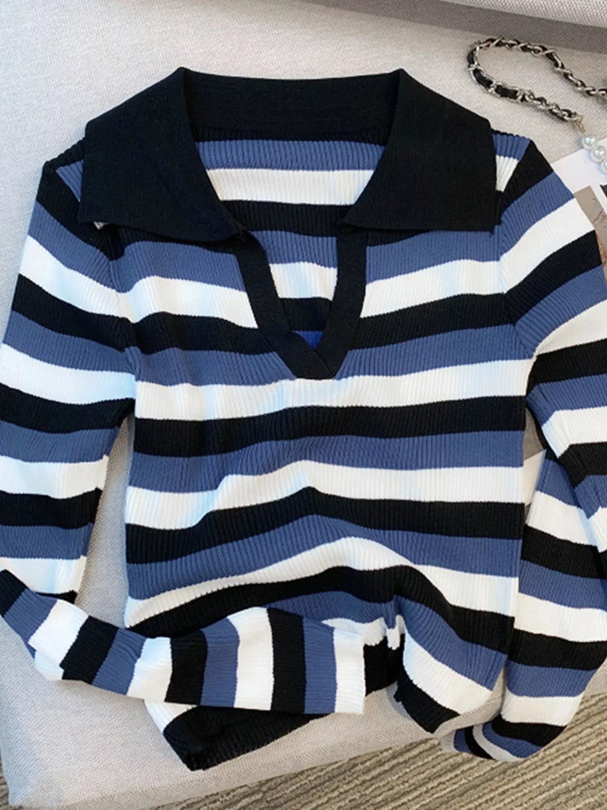Striped Collared Cropped Knit Top - Lilixa.store