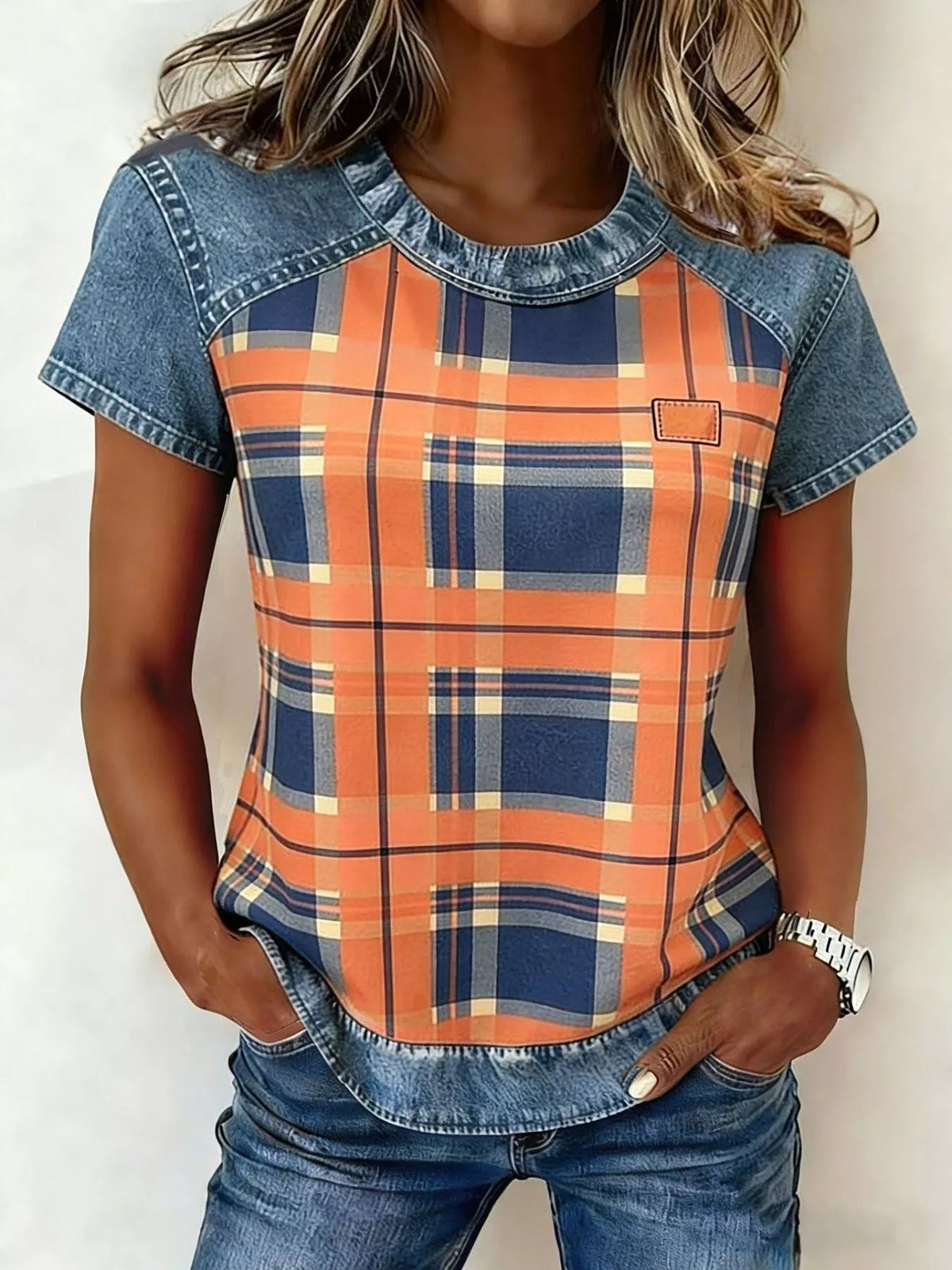 Denim Patchwork Short Sleeve Blouse - Lilixa.store