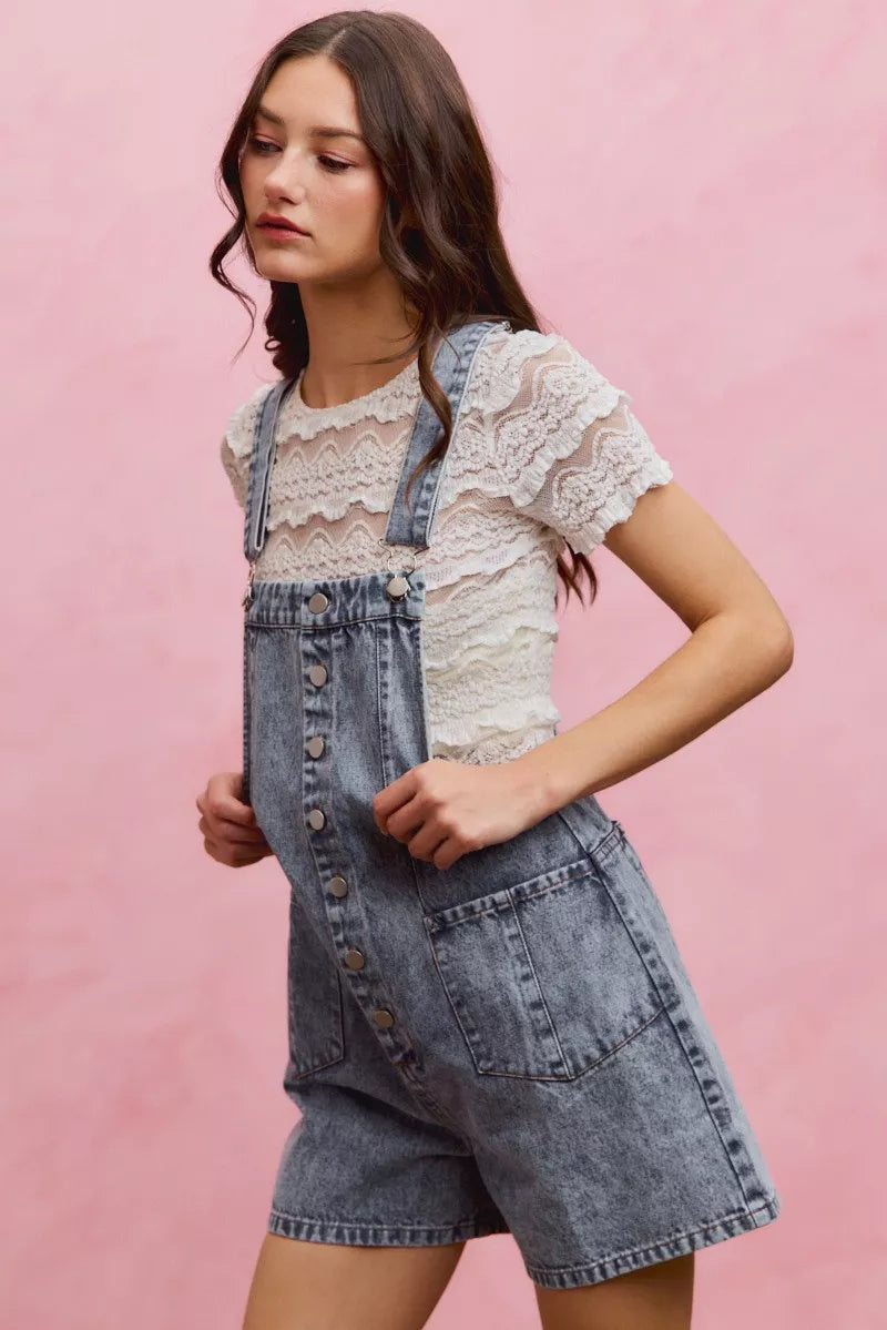 SO ME Denim Washed On Front With Adjustable Strap Romper - Lilixa.store