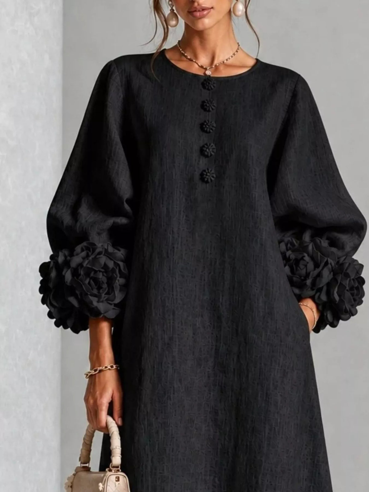 3D Floral Round Neck Midi Dress