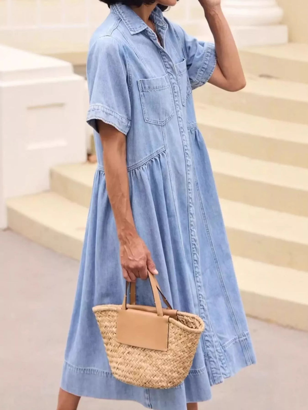 Full Size Button Front Denim Midi Dress Plus Size - Lilixa.store