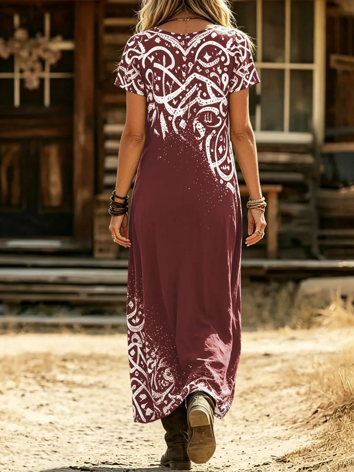 Printed Short Sleeve Midi Dress - Lilixa.store