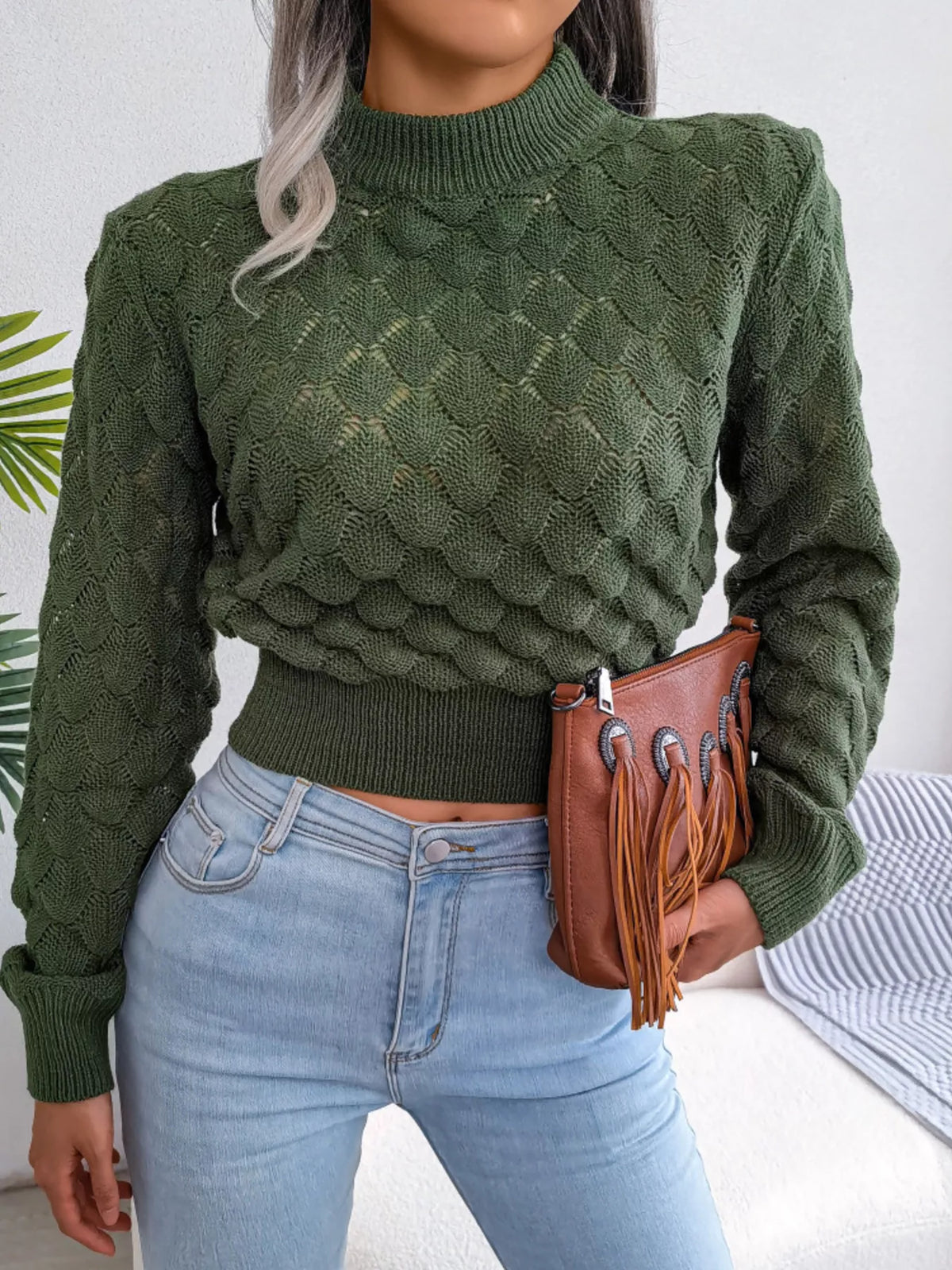 Mock Neck Textured Cropped Sweater
