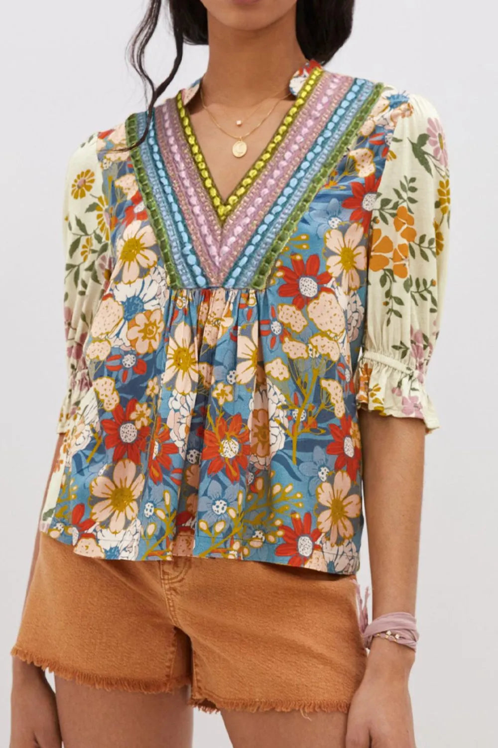 Multicolour Crochet V Neck Half Sleeve Boho Floral Blouse, view 4