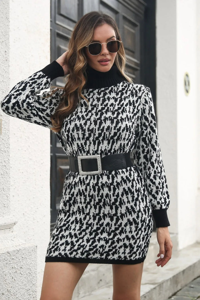 Heathered Turtleneck Mini Sweater Dress in Black