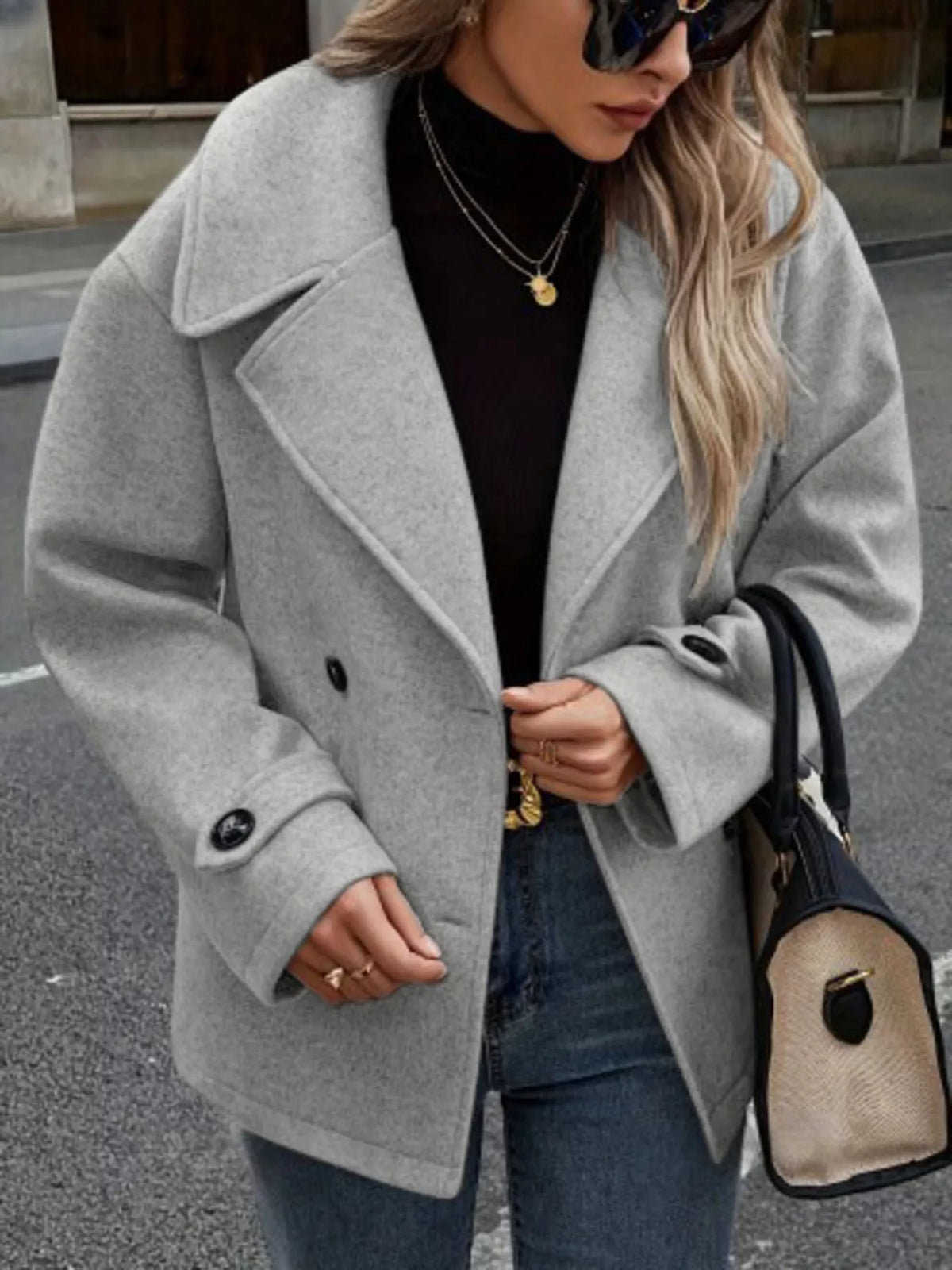 Double-Breasted Wool Blend Casual Jacket in Light Gray