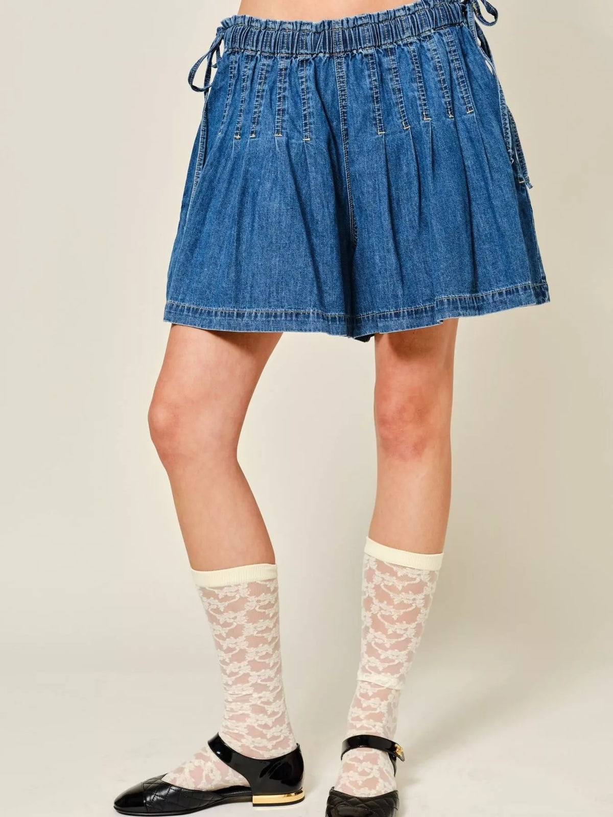 Pleated Elastic Waist Denim Shorts - Lilixa.store