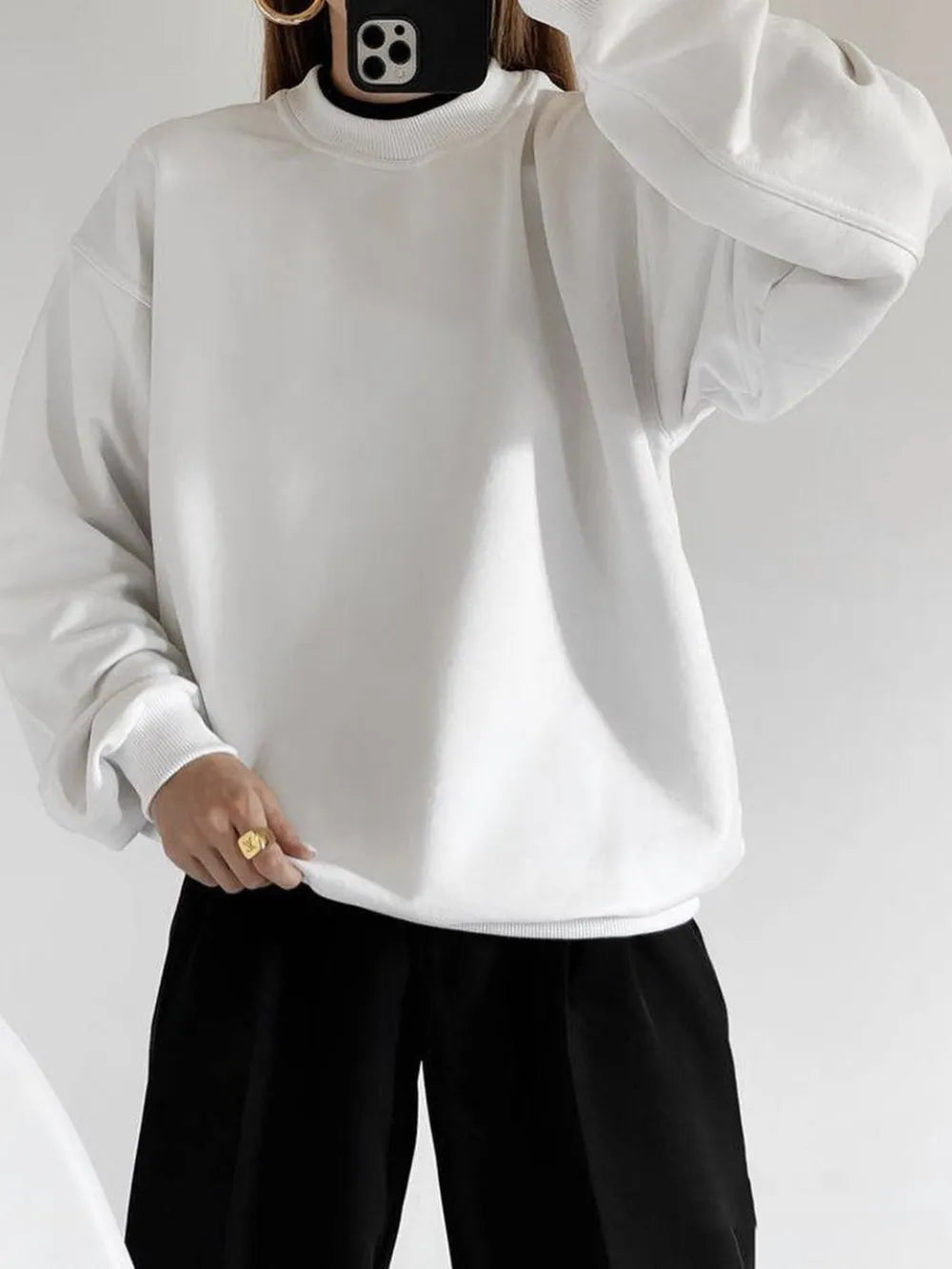 Round Neck Dropped Shoulder Long Sleeve Sweatshirt - Lilixa.store