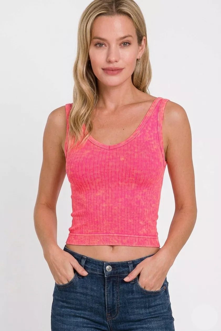 Zenana Washed Ribbed Seamless Cropped V-neck Tank Top - Lilixa.store