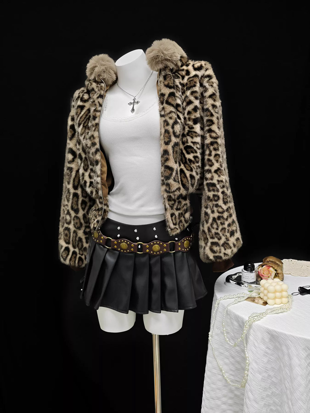 Leopard Faux Fur Hooded Outerwear in Brown, view 6