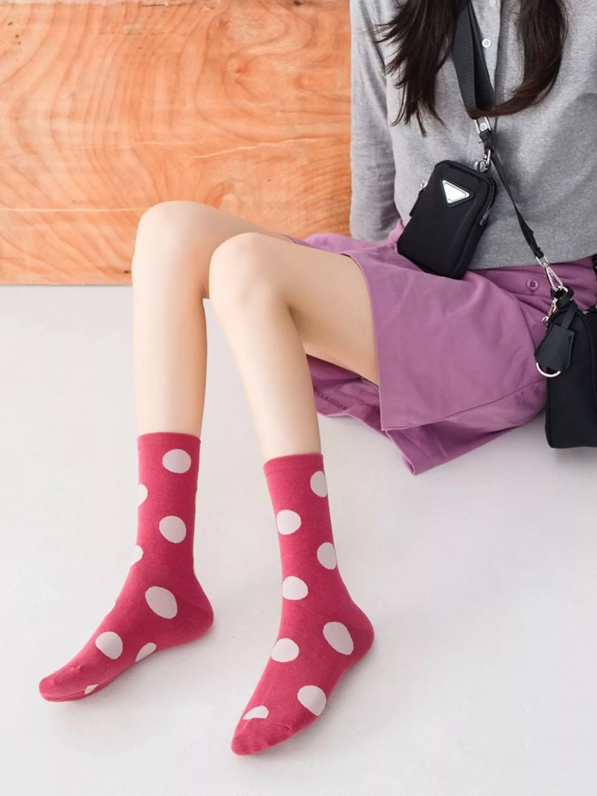 Polka Dot Mid-Calf Cotton Socks in Rose Red