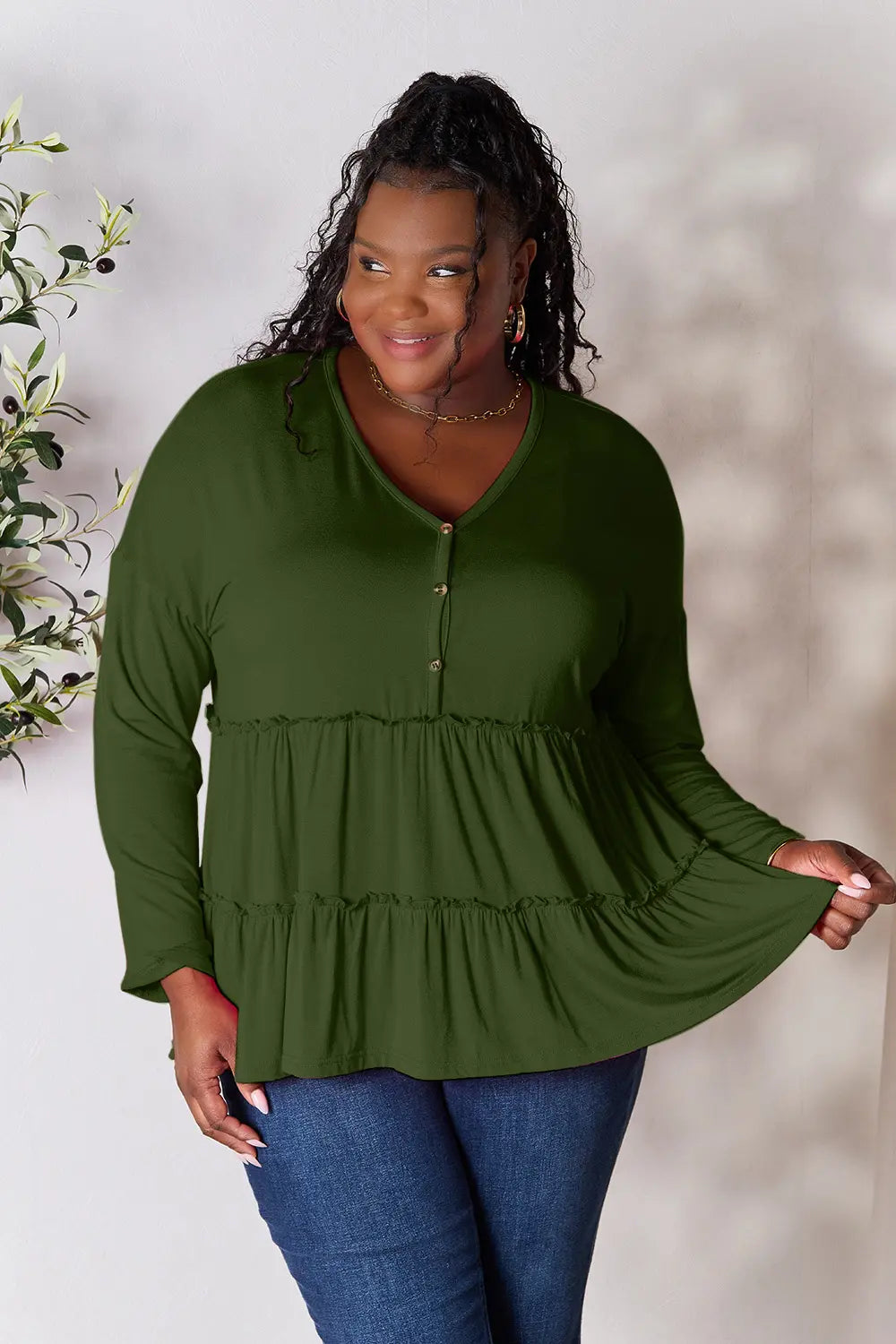 Double Take Half Button Long Sleeve Ruffle Hem Blouse - Lilixa.store