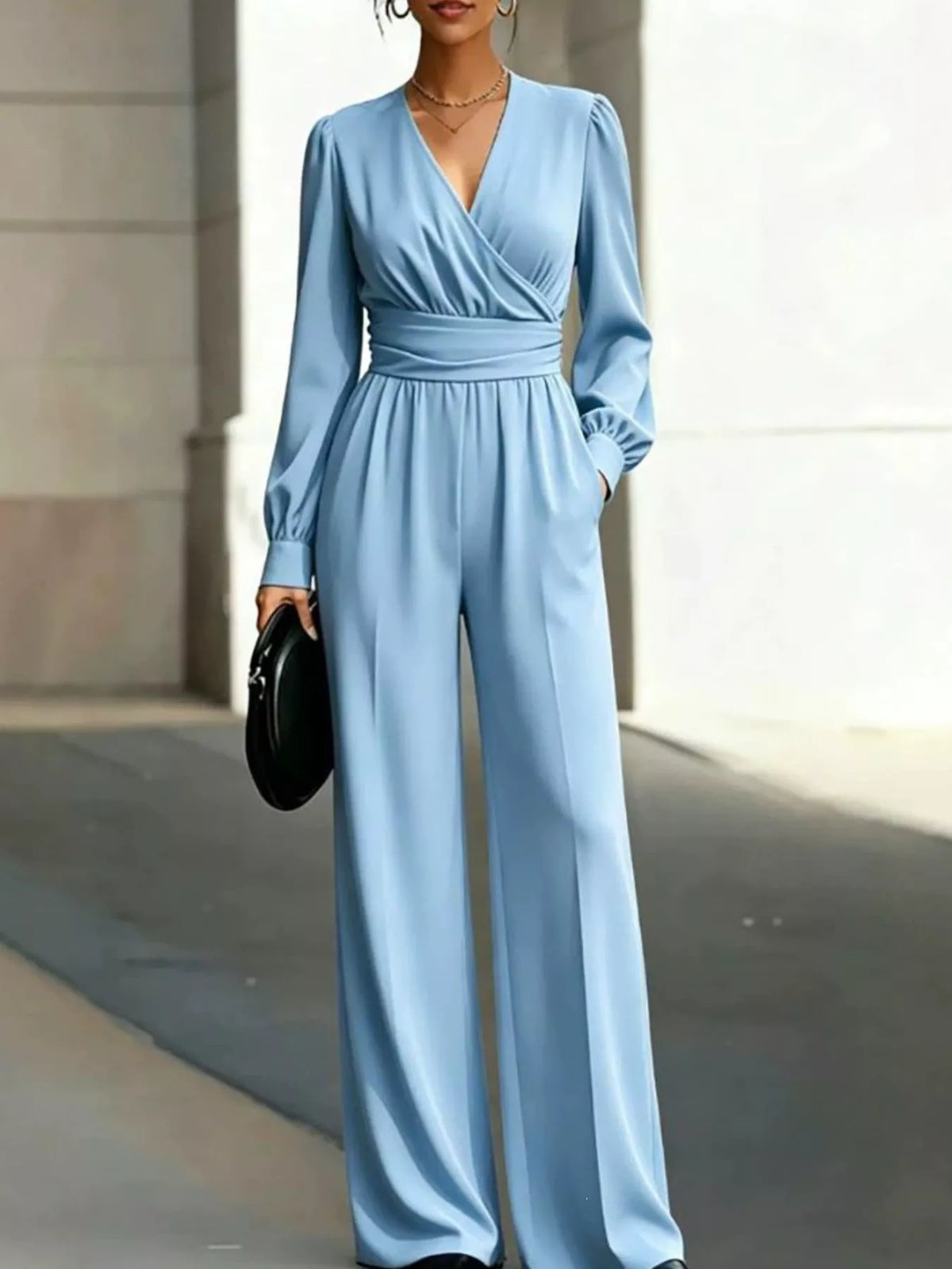 Surplice Long Sleeve Wide-Leg Jumpsuit