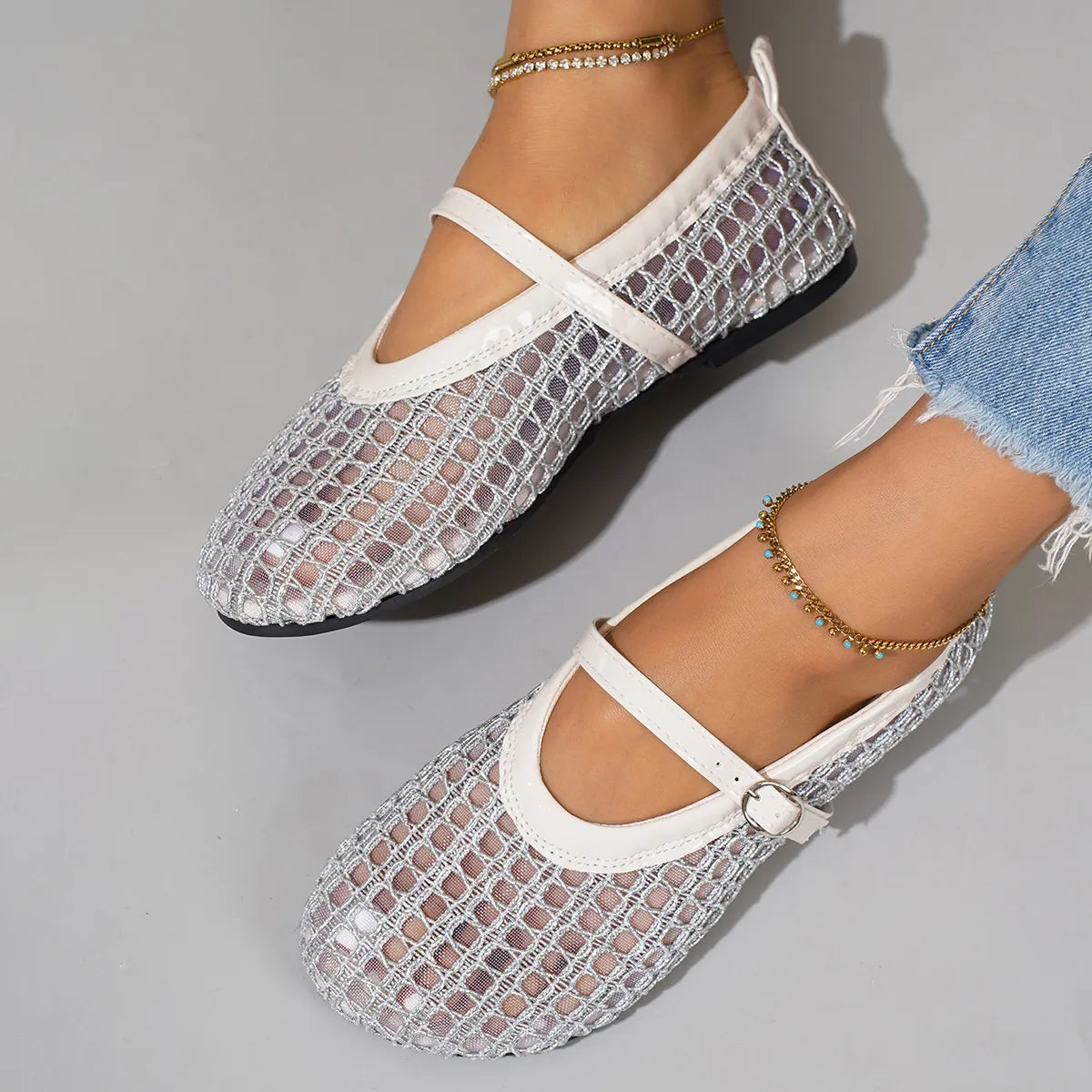 Woven Mesh Mary Jane Sandals with Buckle Strap, view 6