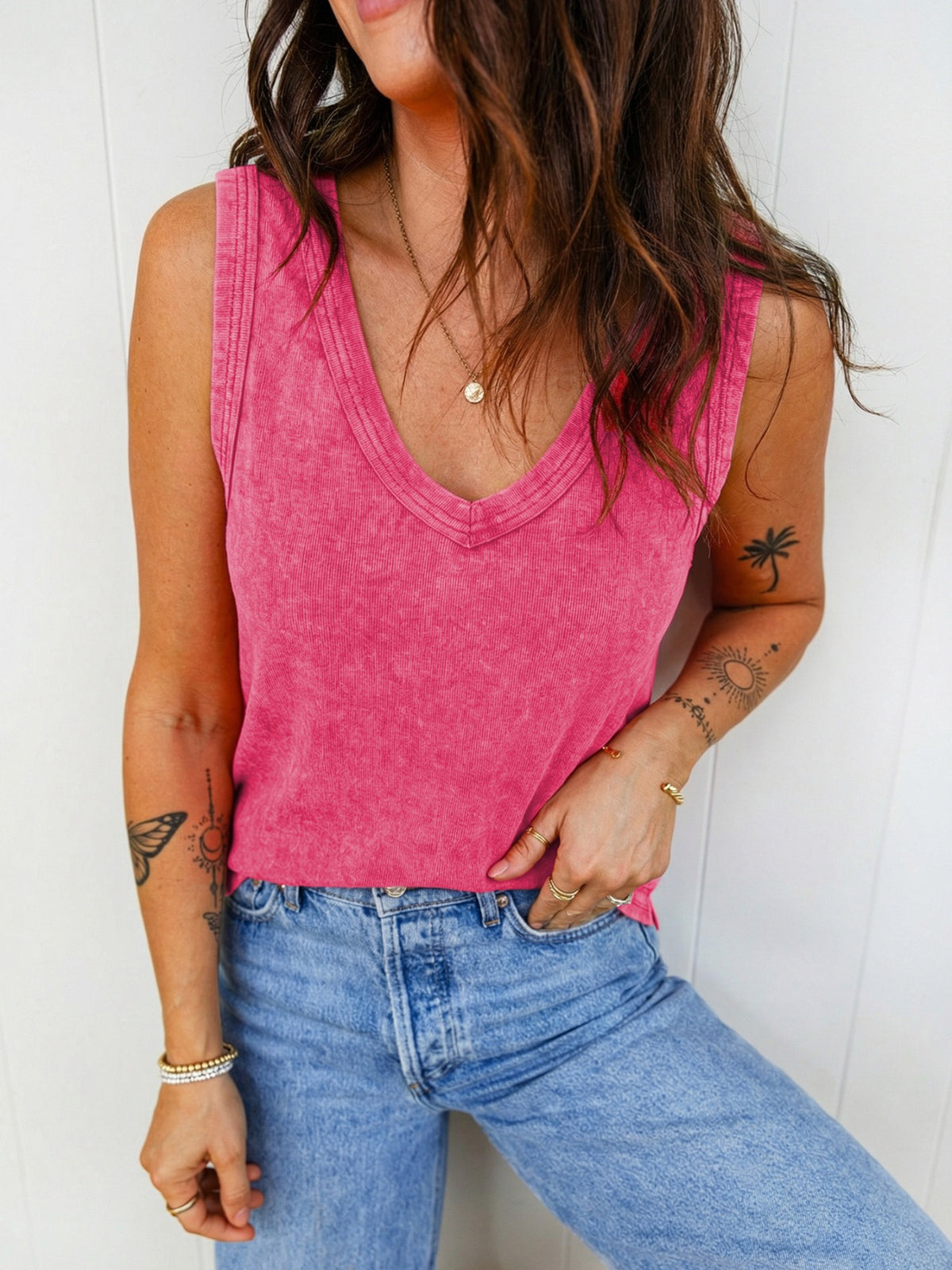 Mineral Wash V Neck Tank Top - Lilixa.store