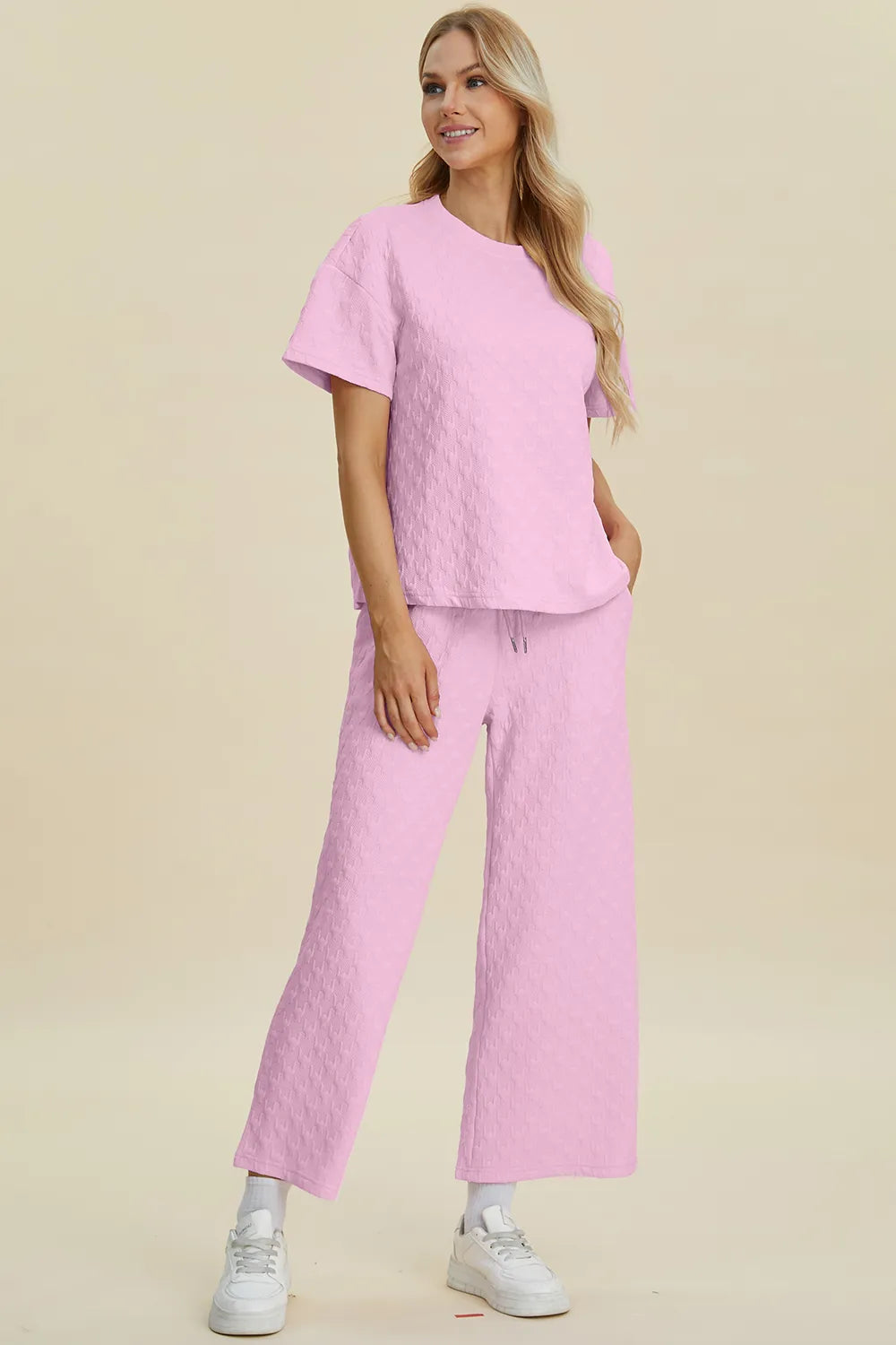 Double Take Full Size Texture Round Neck Short Sleeve Top and Pants Set, view 4