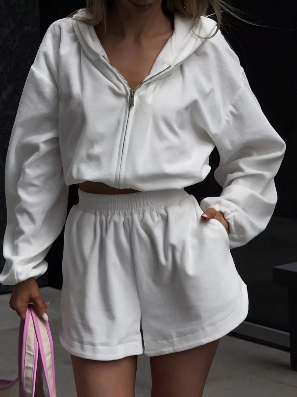 Zip Up Crop Hoodie and Shorts Set, view 16