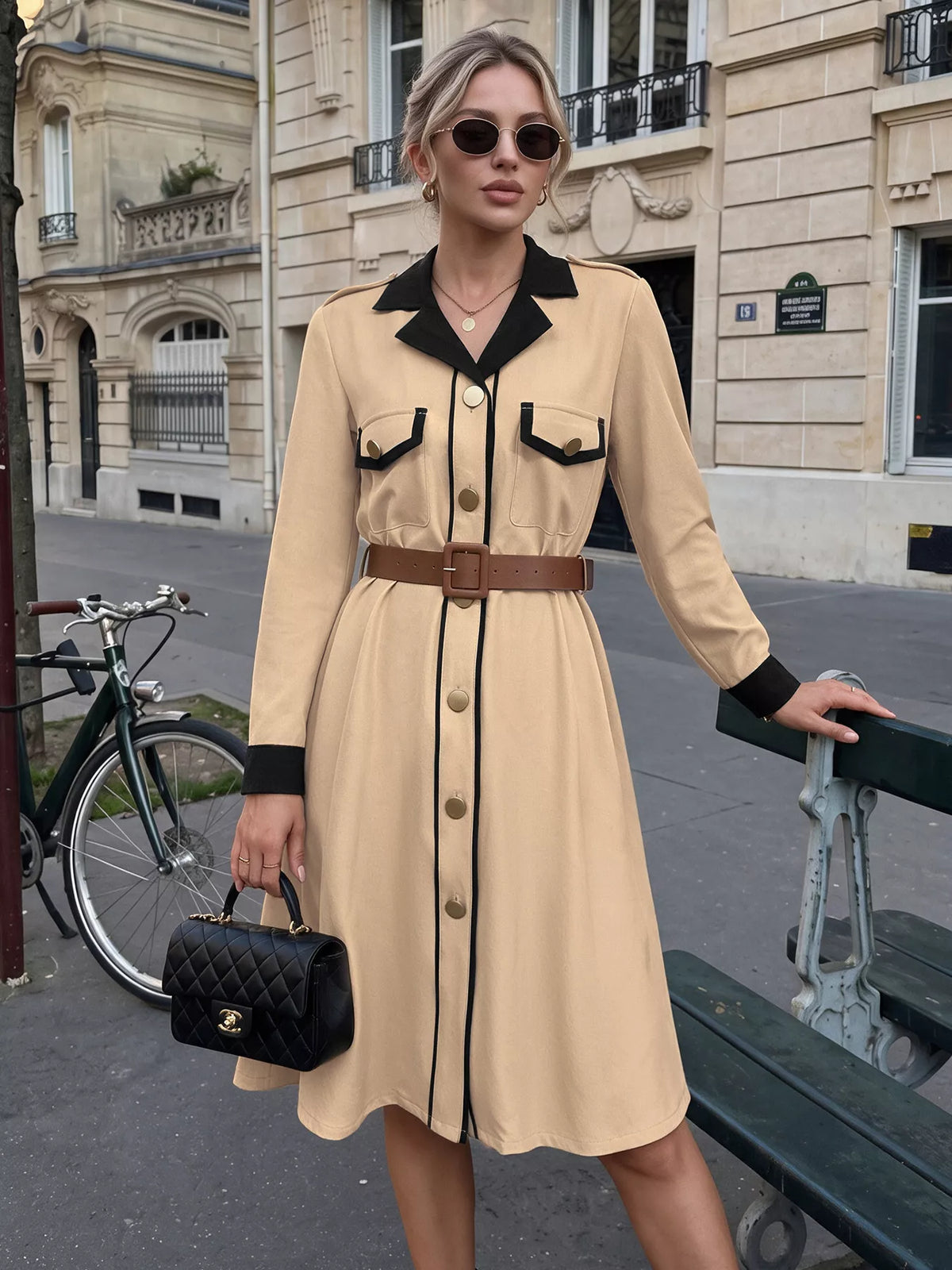 Contrast Lapel Button Front Midi Shirt Dress - Lilixa.store