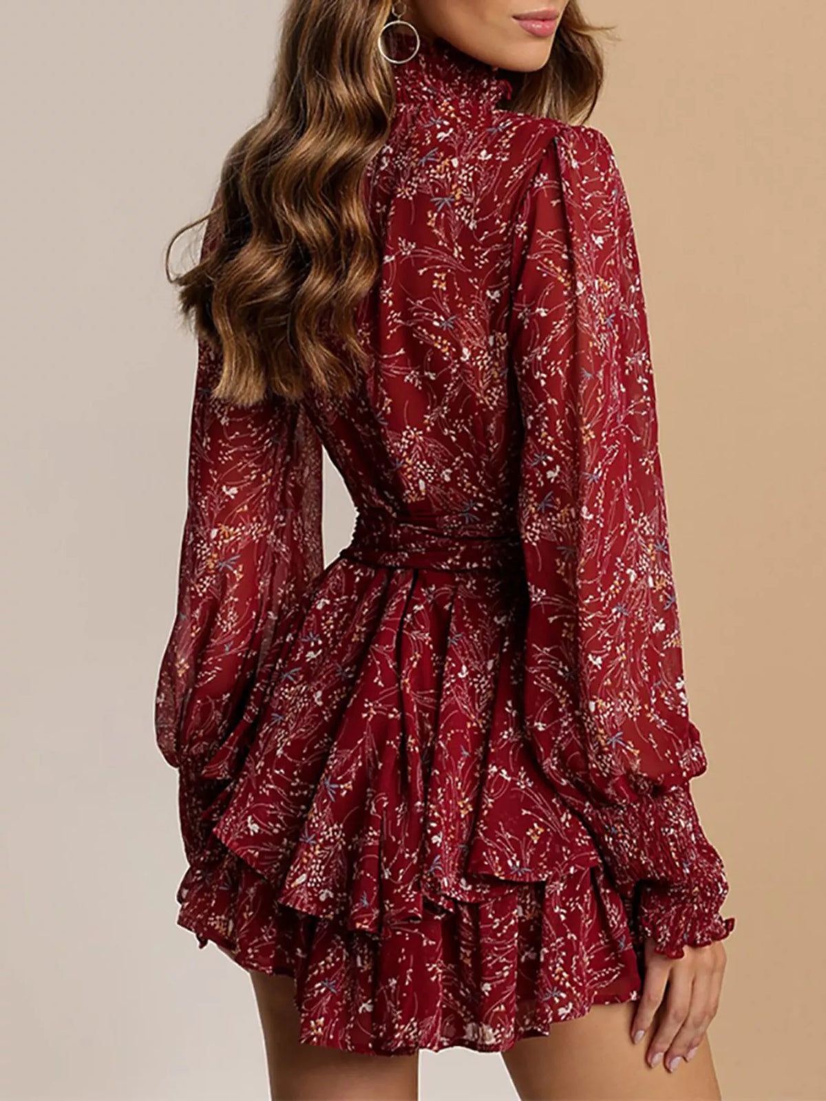 Plus Size Floral Print Mock Neck Long Sleeve Ruffle Hem Mini Dress - Lilixa.store