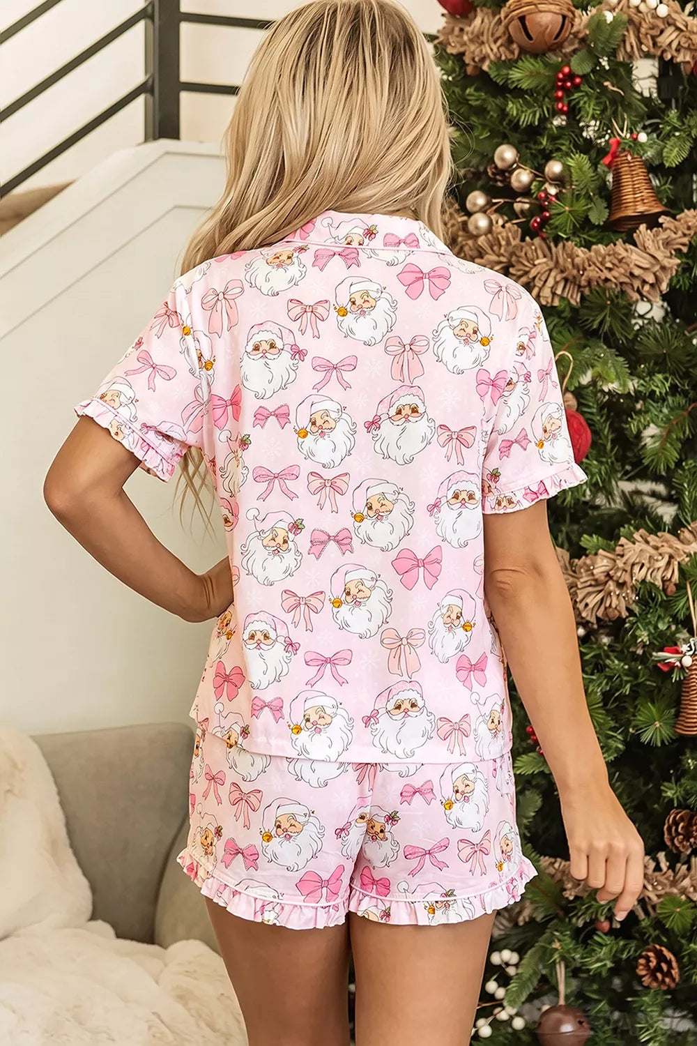 Santa Print Paneling Shift Silhouette Short Sleeve Lounge Set - Lilixa.store