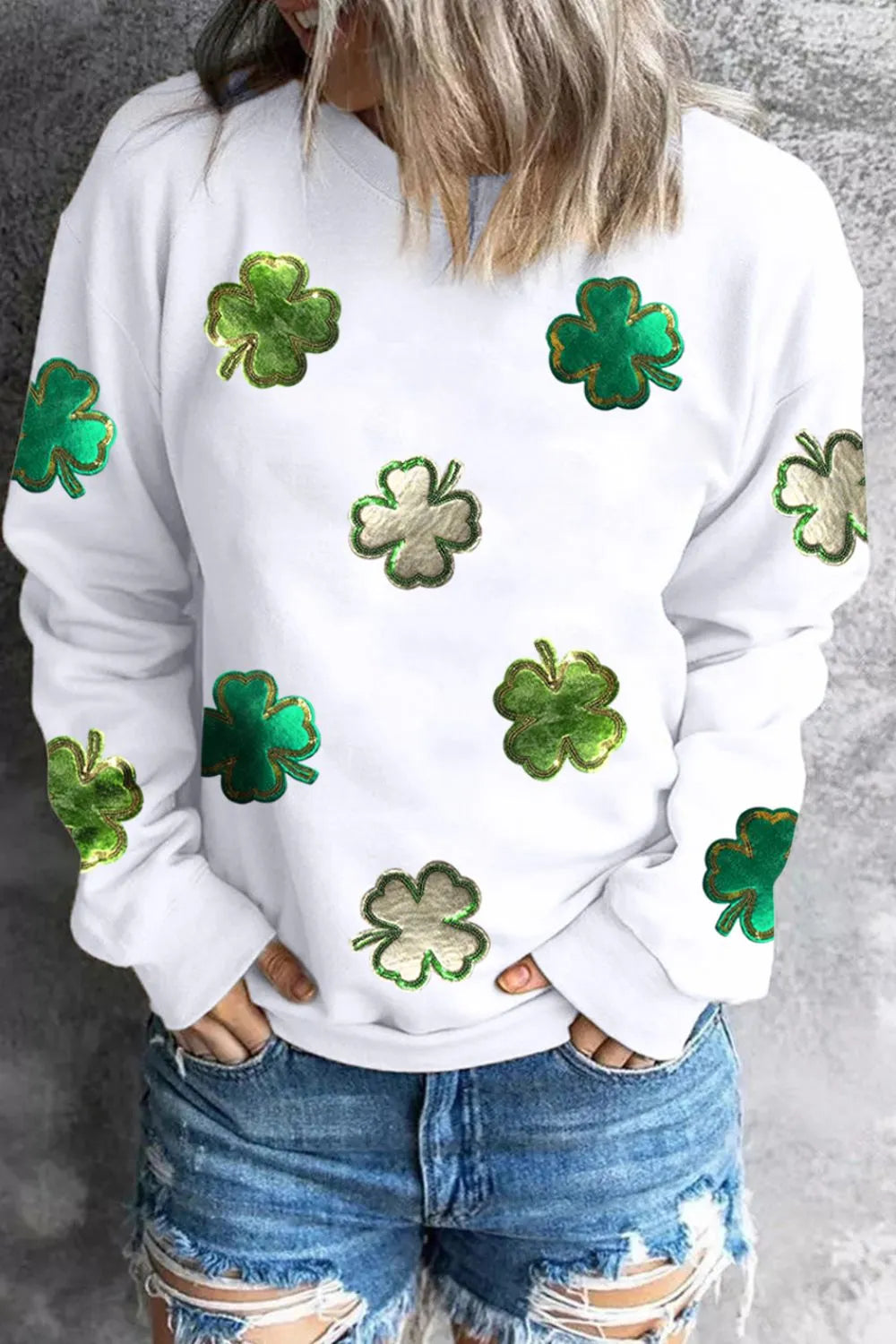 Lucky Clover Round Neck Long Sleeve Sweatshirt - Lilixa.store