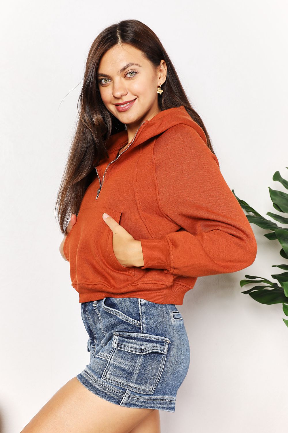 Double Take Half-Zip Long Sleeve Cropped Hoodie - Lilixa.store