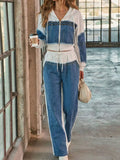 Full Size Studded Denim Patchwork Hoodie and Joggers Set Plus Size - Lilixa.store