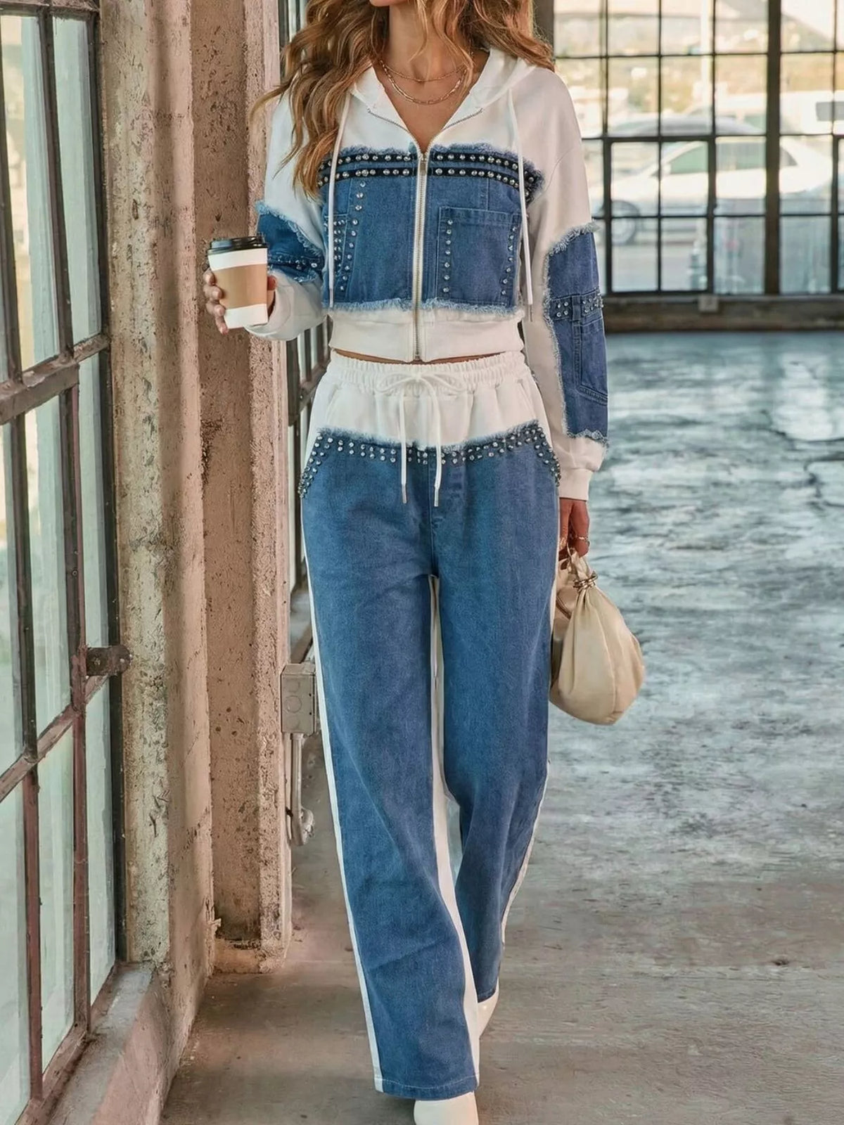 Full Size Studded Denim Patchwork Hoodie and Joggers Set Plus Size - Lilixa.store