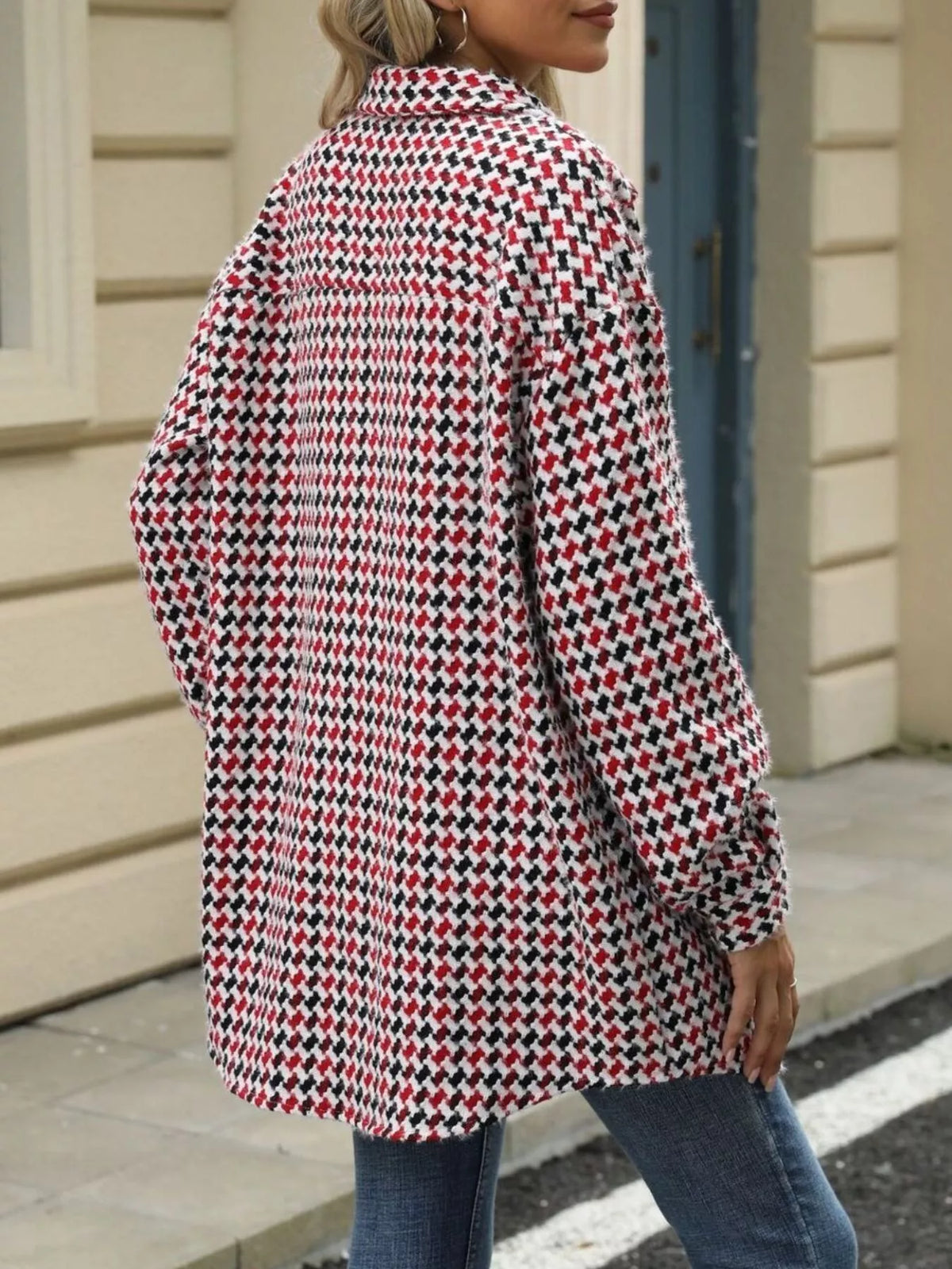 Houndstooth Button Up Long Sleeve Coat, view 9