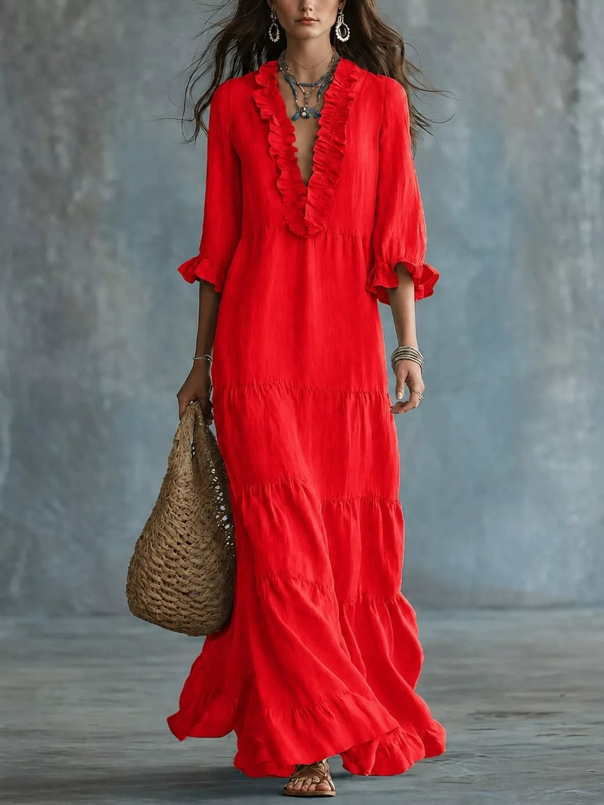 Ruffled V-Neck Tiered Maxi Dress