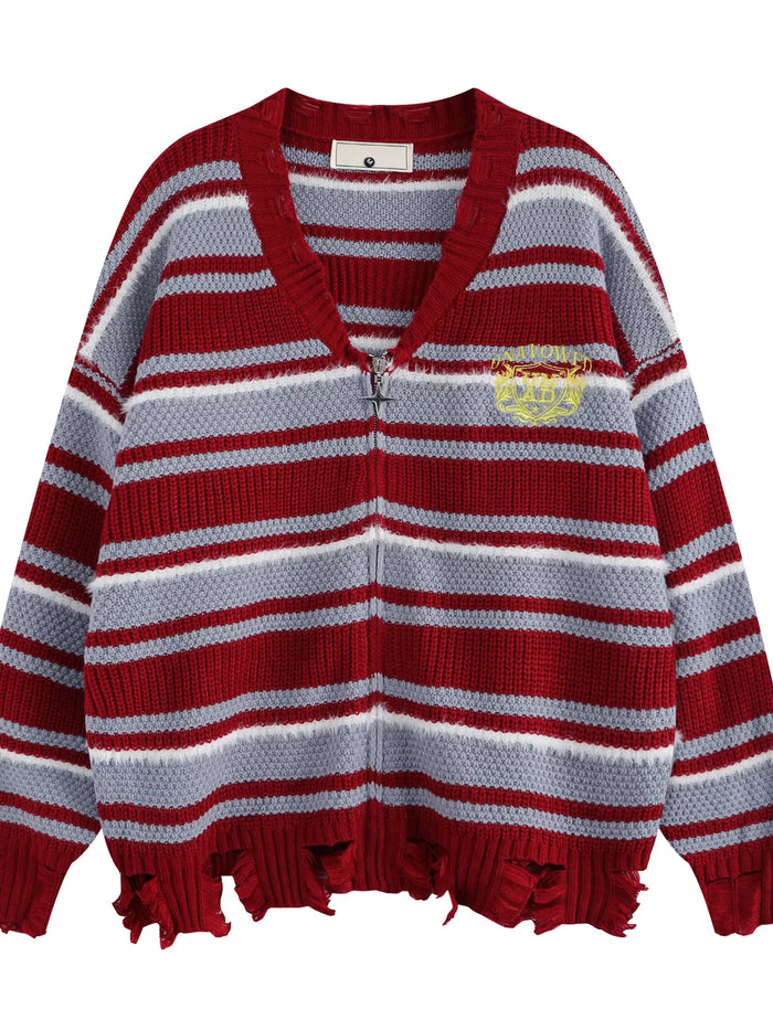 Men's Plus Size Striped Distressed Zip-Up Cardigan - Lilixa.store