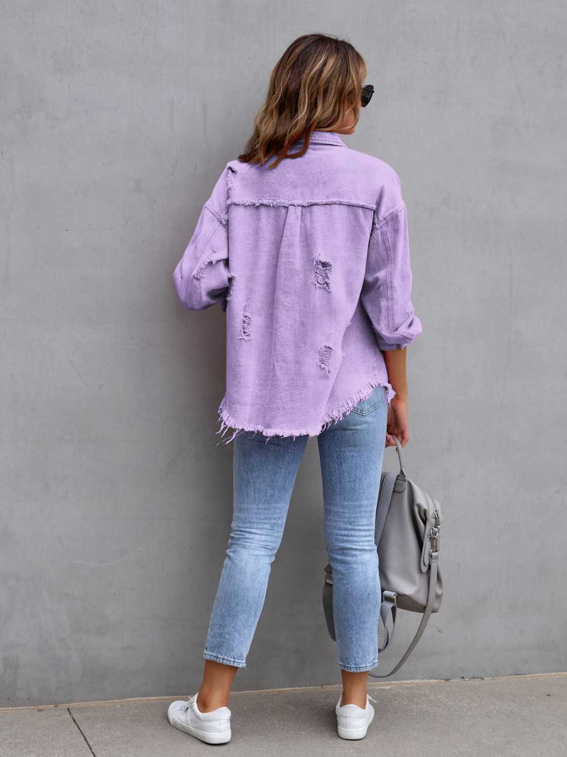 Distressed Drop Shoulder Denim Jacket - Lilixa.store