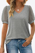 Swiss Dot Puff Sleeve V-Neck Tee - Lilixa.store