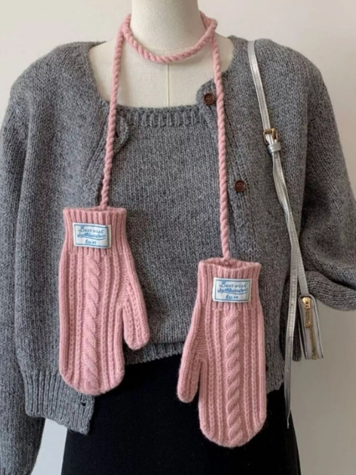 Cable Knitted Mittens with Neck Strap - Lilixa.store