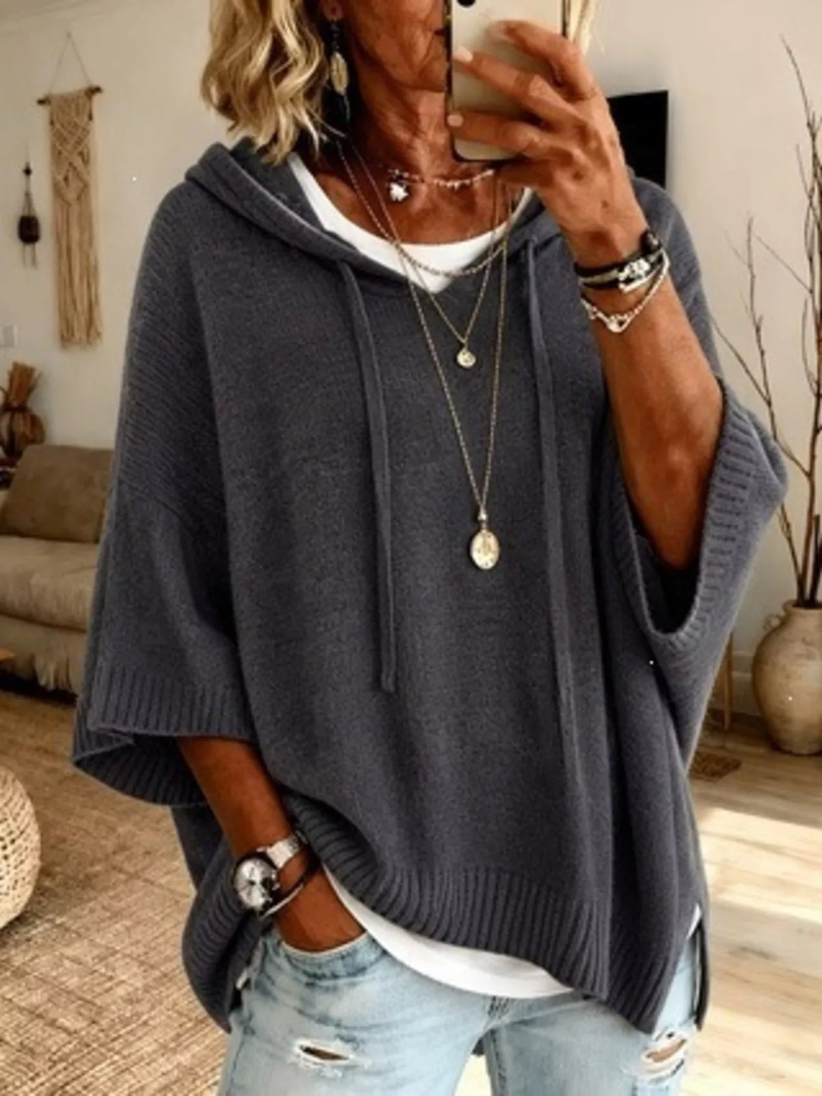 Full Size Casual Hooded Batwing Sleeve Knit Sweater Plus Size - Lilixa.store