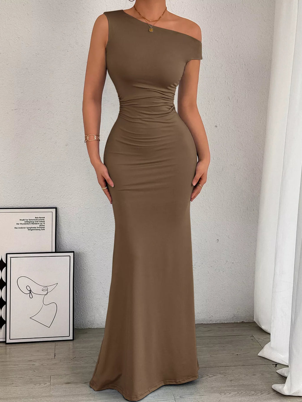 One-Shoulder Ruched Bodycon Maxi Dress - Lilixa.store
